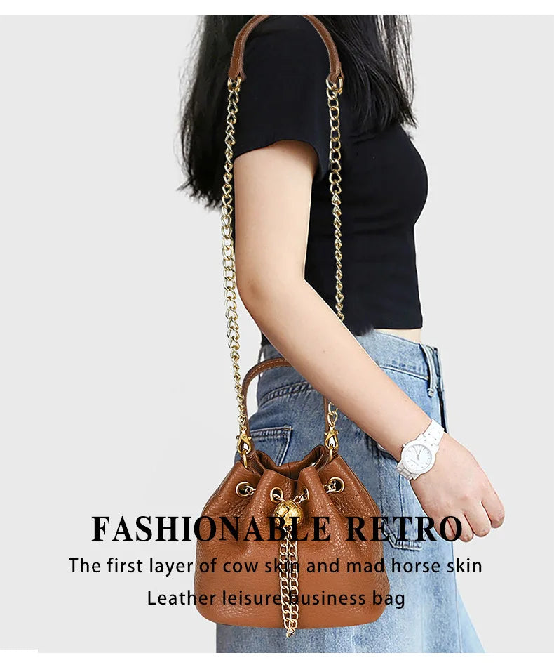 LD-Soft Leather Bag Versatile for All Seasons, Sweet and Ladylike. Top Layer Cowhide Handbag, Single Shoulder Bucket Bag