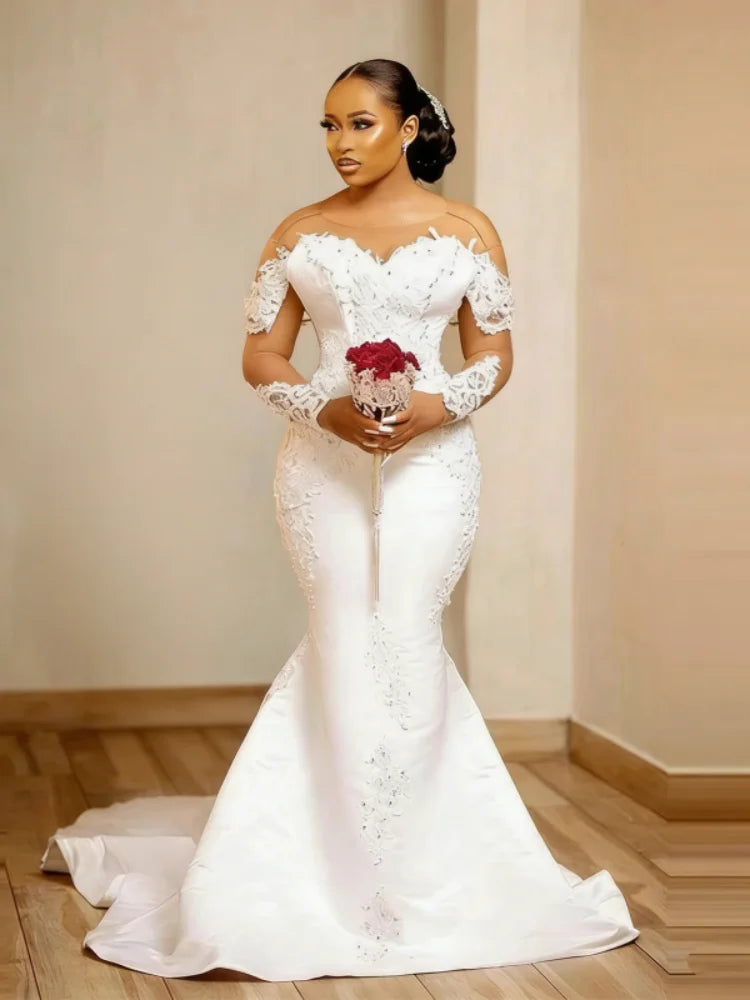 Customized 2026 African Style Brown Skin Wedding Dress Round Neck Satin Lace Beads Lace Up Style Mermaid Vestidos De Novia