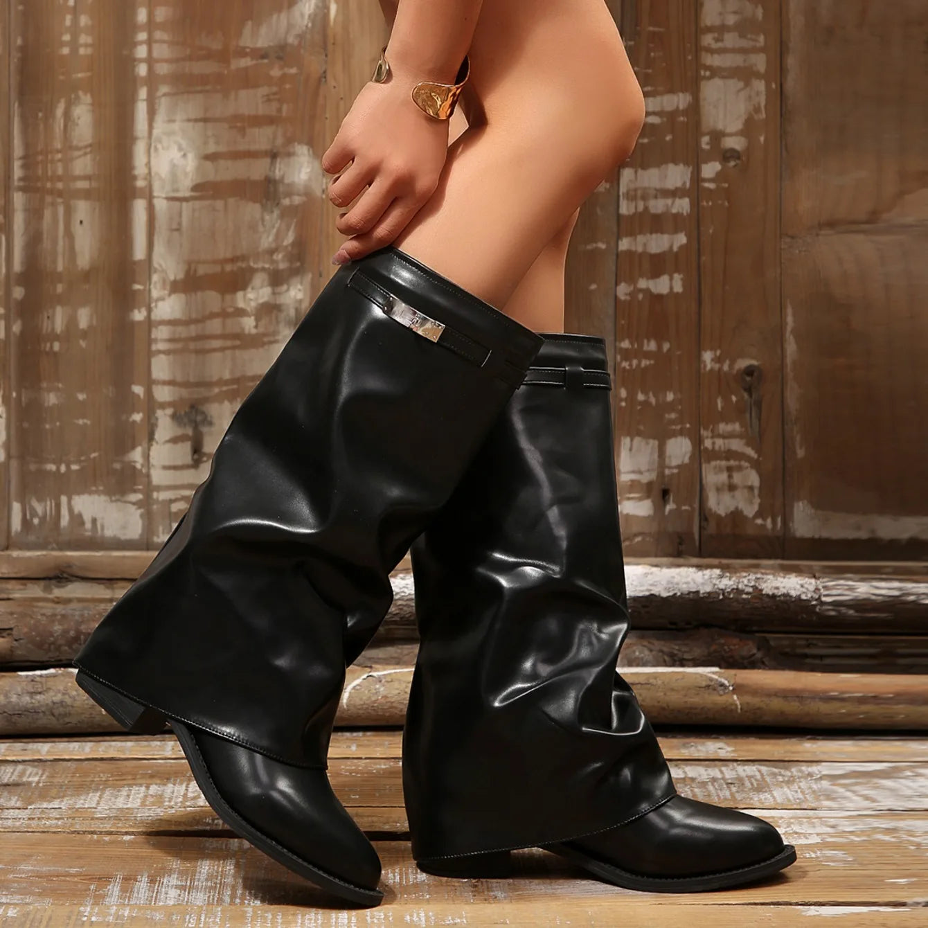 2026 New Round Toe Solid Color Knee High Boots for Women Fashion Simple Style Fold Cuff Chunky Heel Comfort Casual Women's Boots