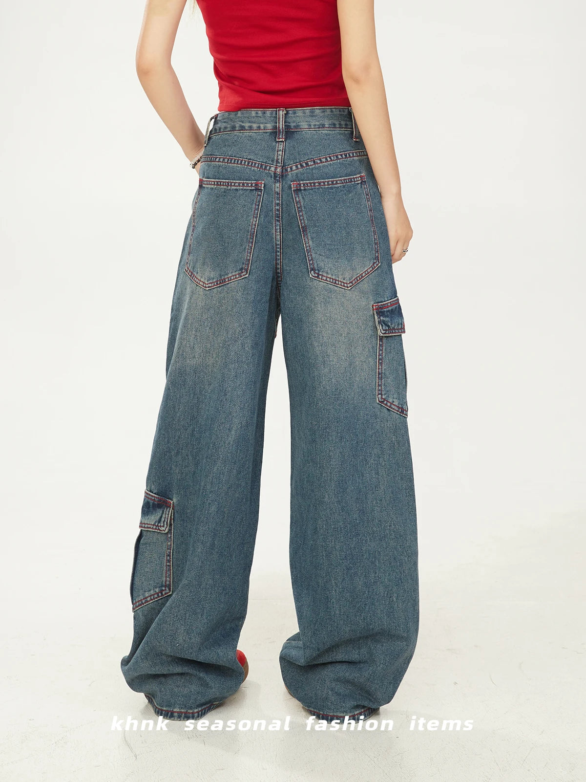Washed Vintage American High Street Loose Women's Jeans with Patchwork And Stitching Design Casual Wide Leg Workwear Trousers