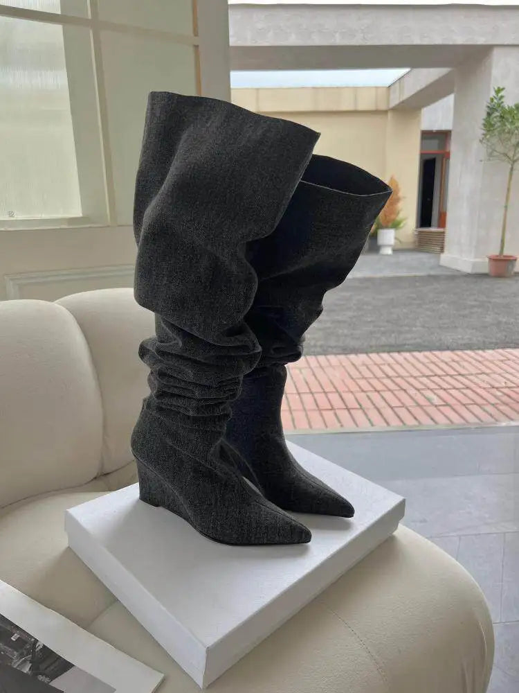 ZAROY Hot Girl Knight Long Boots Winter Stretch Denim Knee-high Boots Cozy Slip On Point Toe Wedge High Heels Sexy Long Booties