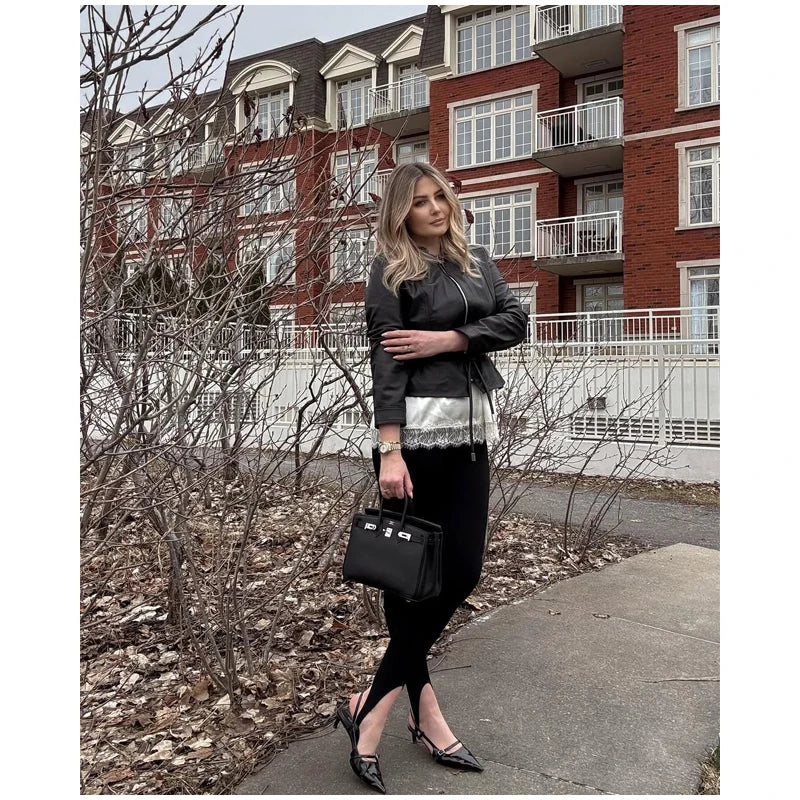 Women's Faux Leather Jacket Black Zip Front Drawstring Peplum Hem Slim Elegant Outerwear Fashion Daily Street Casual Short Coat