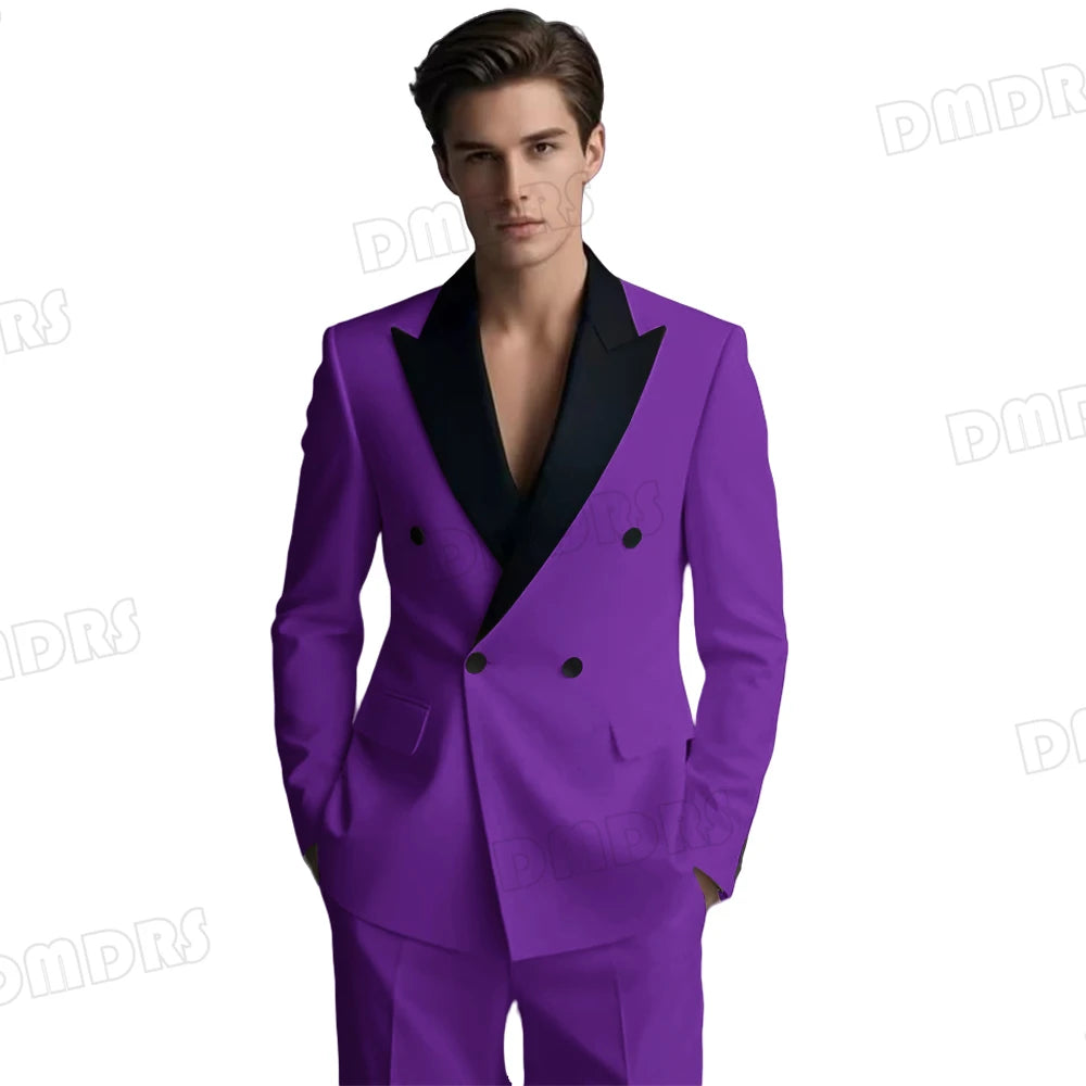 Slim Fitting White Suit Set for Men, Black Collar, 2 Pieces Formal Suits, Wedding Tuxedo, Customized Colors Blazer and Pant Set