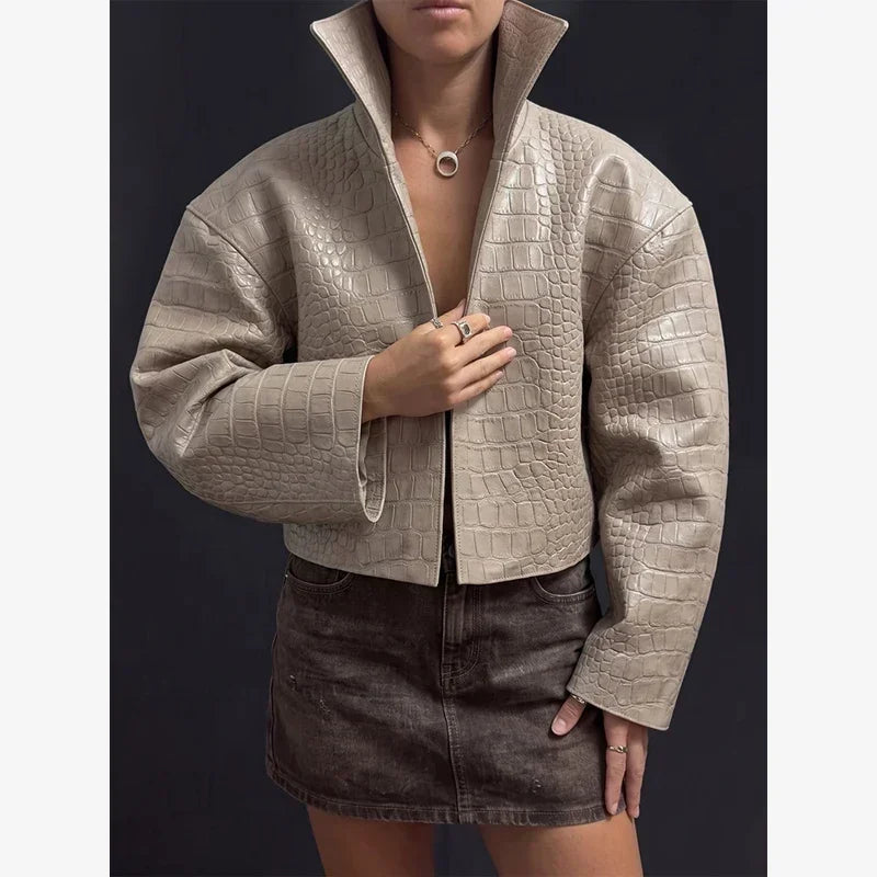 Crocodile Pattern Embossed Short Women Leather Jacket Stand Collar Zipper Long Sleeved Cropped Jackets 2026 Street Daily Outfit