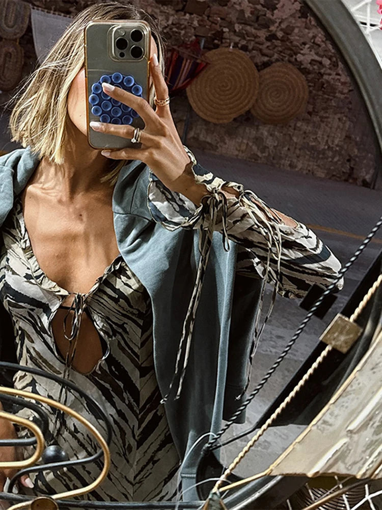 Casual Tiger Stripe Lace Up Women Dress Hollow Out V-neck Side Split Female Maxi Dresses 2024 Spring Autumn New Chic Lady Robe