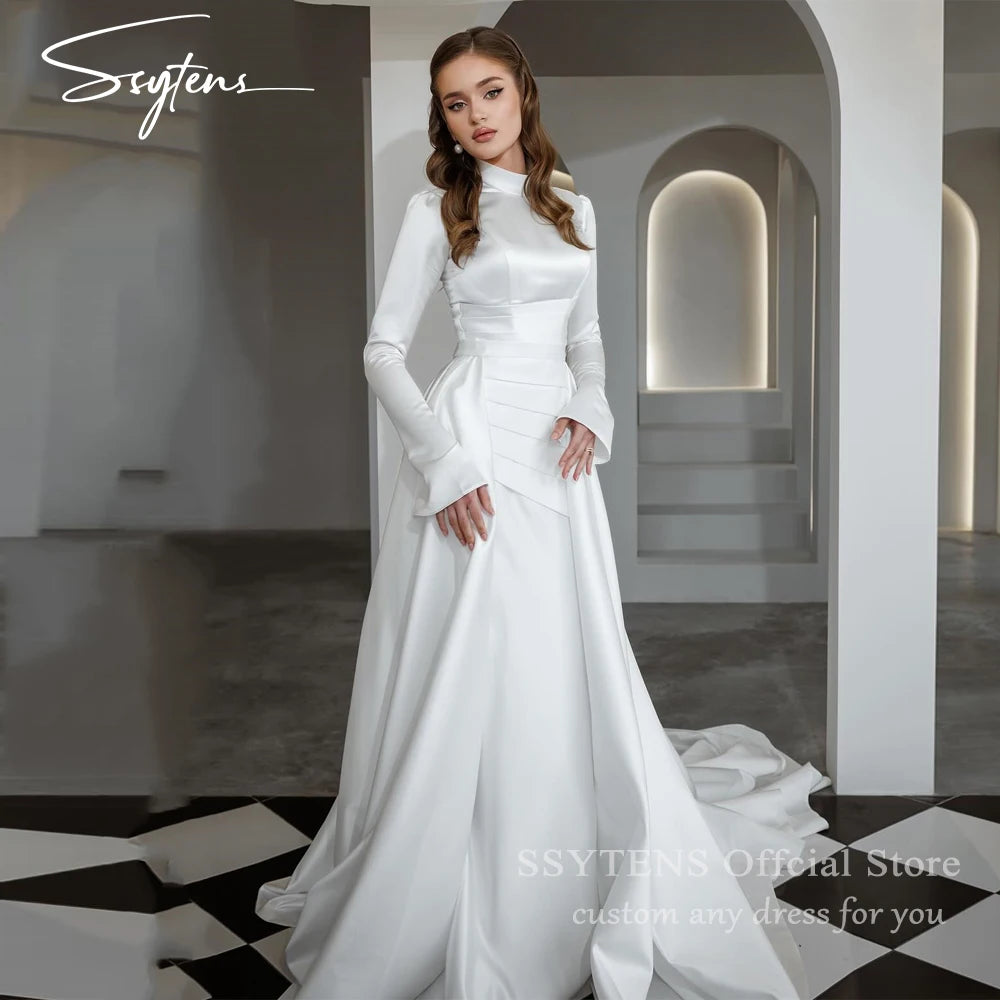 Formal Wedding Dresses High Neck Long Sleeves Mermaid Bride Bridal Gown Floor Length Muslim Customized White Civil Wedding Dress