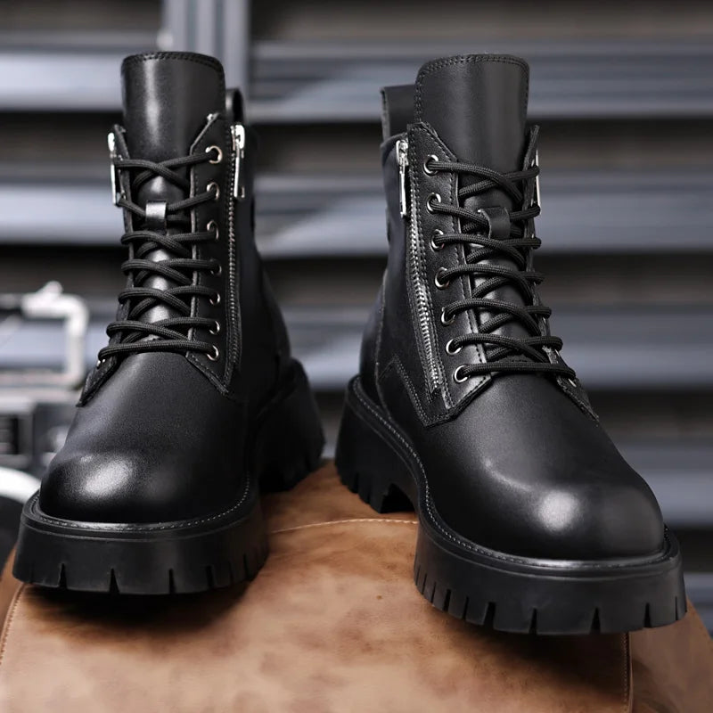 Motorcycle Boots Men's High Top Boots High Quality Mens Leather Shoes Fashion Outdoor Sneakers Men Lace Up Non-Slip Ankle Boots