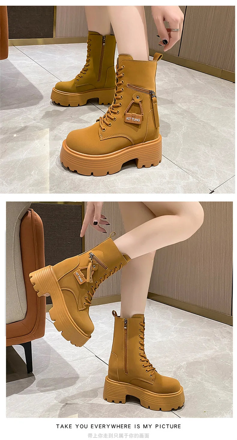 New 2023 Autumn Platform Mid-calf Boots  Women Thick Sole Winter Leather Punk Shoes Chunky Motorcycle Boots Woman