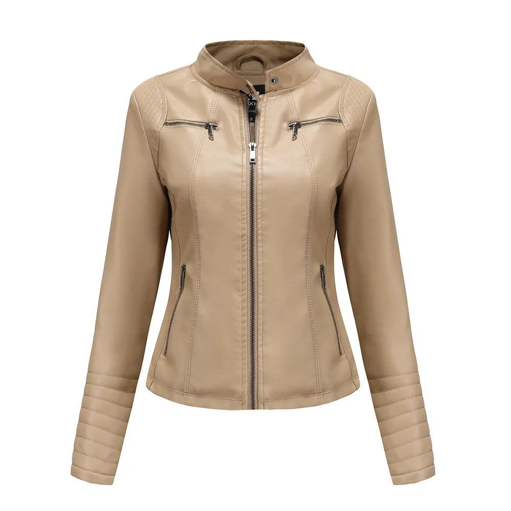2026 Women's Bright Red V-neck Leather Jacket, Fashion Slim PU Coat, Black Short Outerwear Asia Size XS S M L XL XXL