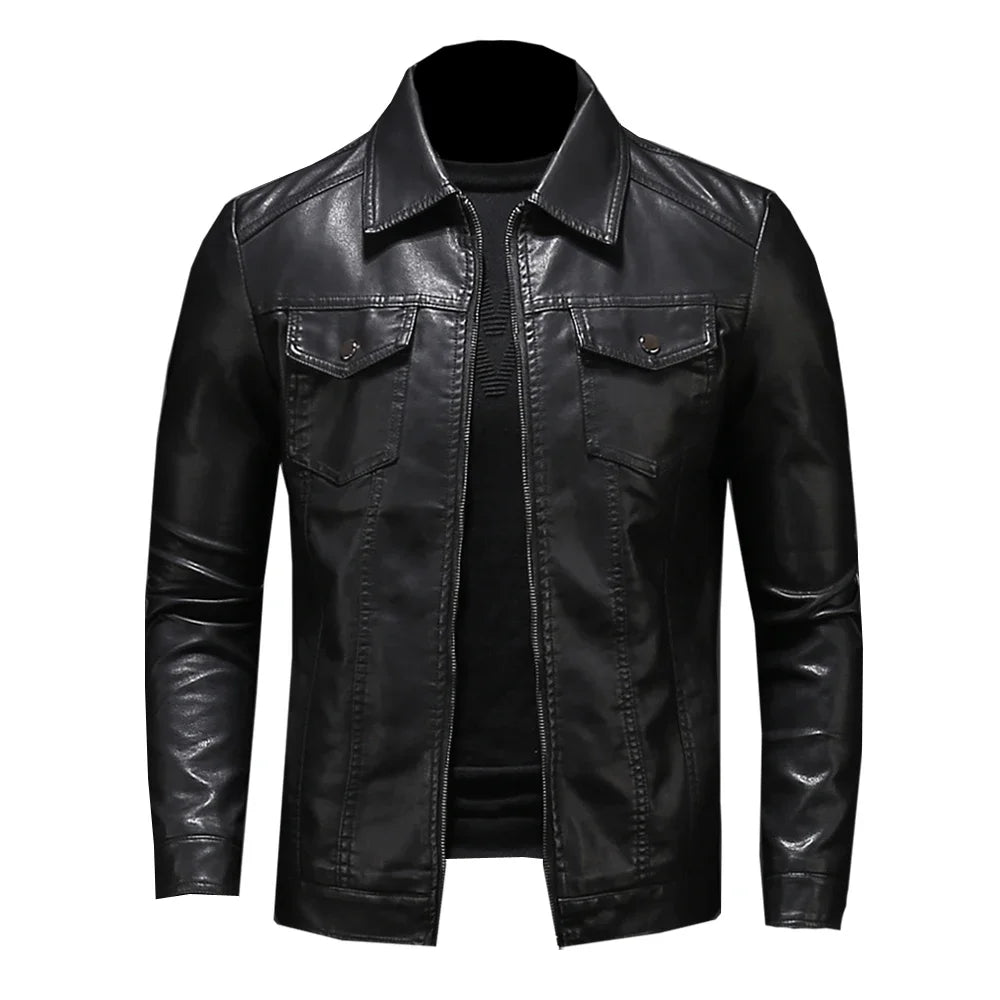 Men's Motorcycle Leather Jacket Large Size Pocket Black Zipper Lapel Slim Fit Male Spring Autumn High Quality PU Coat