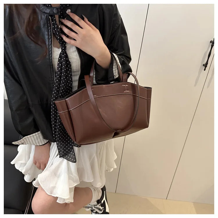 Solid Color Soft Leather Handbag Women Single Shoulder Tote Bag, Large Capacity Commuting Set Handbags Shopping Cross Body Bags