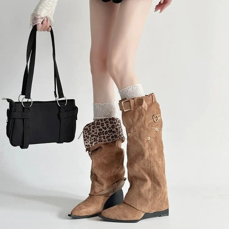 Lace-up Trouser Leg Boots for Women, Pointed Toe, Long Boots with Platform Heels