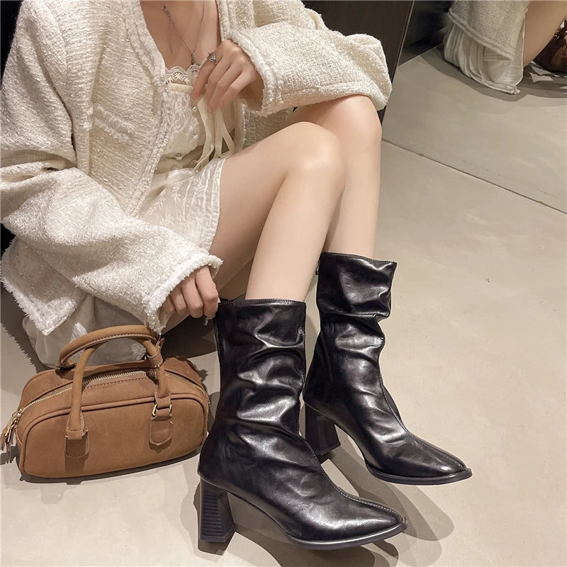 Winter Elegant Square Toe High-heeled Mid Top Boots Fashionable Hot Selling New Comfortable Large Size Thick Soled Women's Shoes