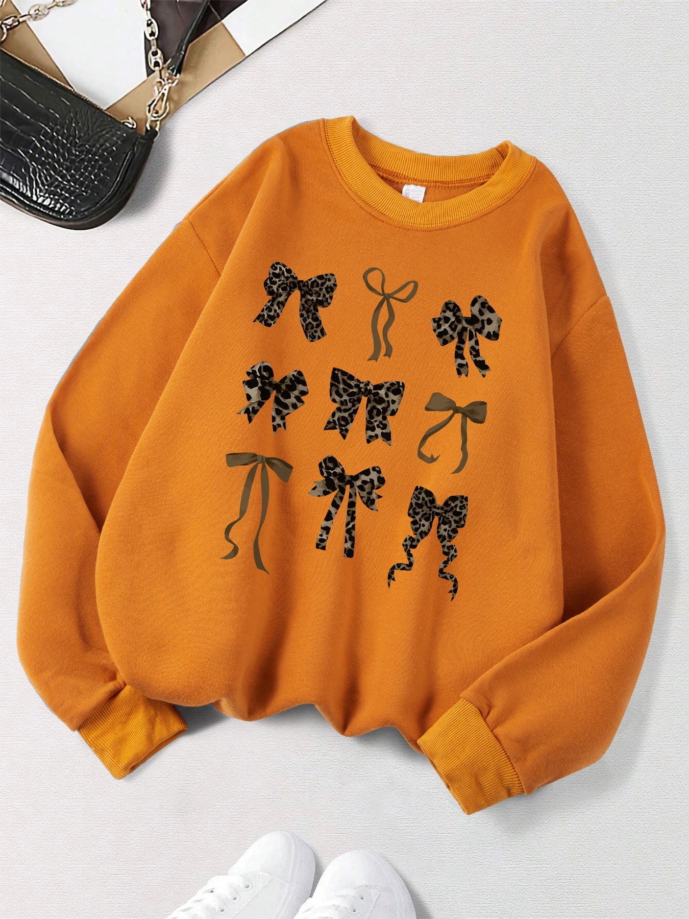 Retro Leopard Print Bow Printed Women Hoodies All-Match Comics Hoody Fleece Casual Clothes Street Hip Hop Pullover Woman