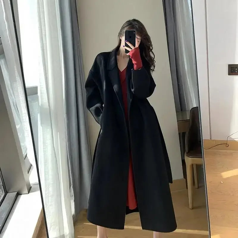 Black Woolen Coat Women's Mid-Length Thickened Autumn Winter New Style High-End Atmosphere Goddess Style Outerwear Coat