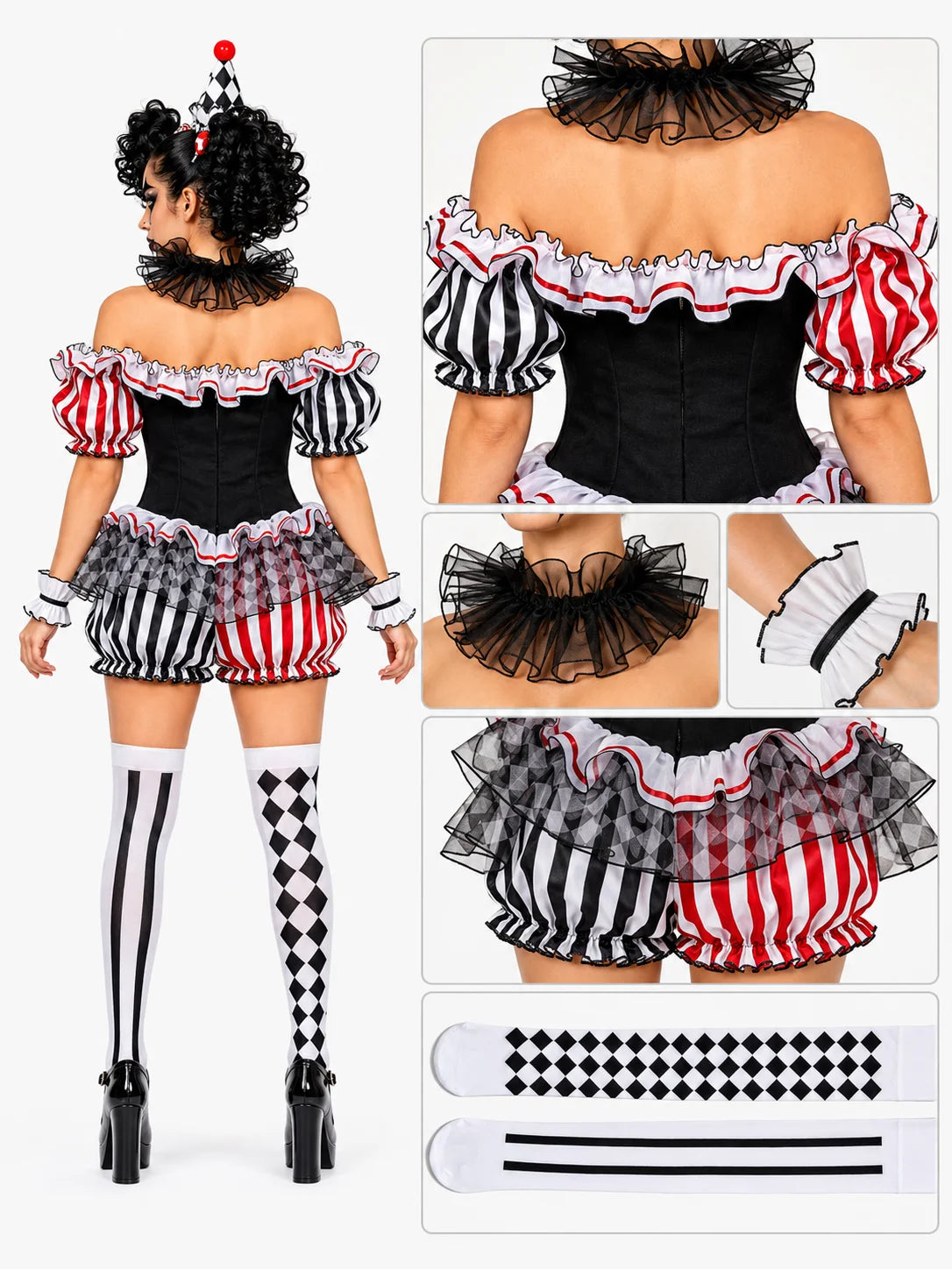 Women's Halloween Evil Clown Costume Sexy Circus Cosplay Off Shoulder Diamond Pattern Ruffled Bloomer Outfit with Hat Mesh Collar Wrist Cuffs Fancy Dress