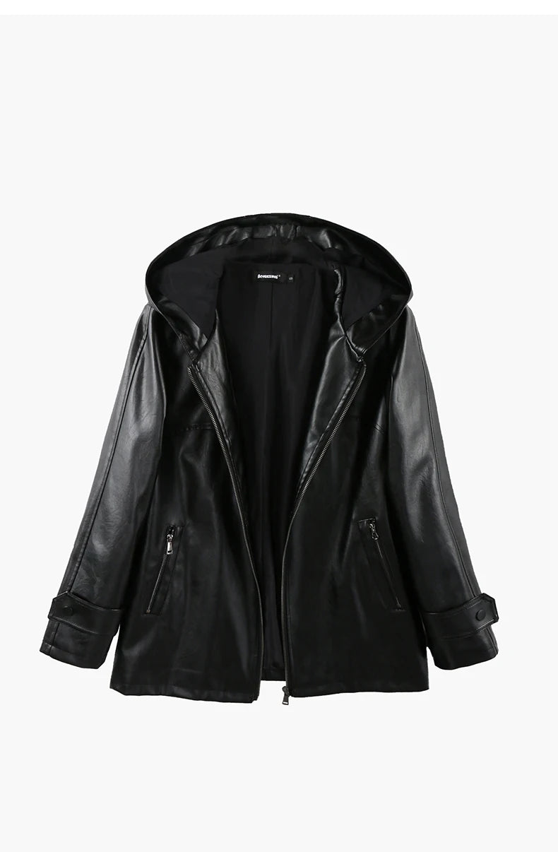 Nerazzurri Spring Autumn Black Waterproof Lightweight Soft Pu Leather Jacket Women with Hood Zipper Loose Casual Clothes 2023