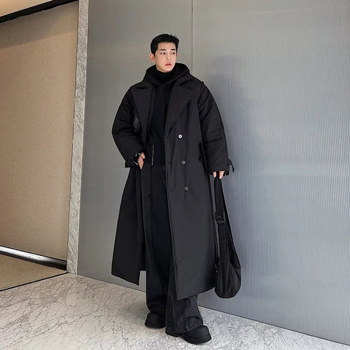 Winter Thickened Long Down Jacket Man's Belt Design Korean Warm Over The Knee Fashionable Long Sleeve Solid Color Cotton Coats