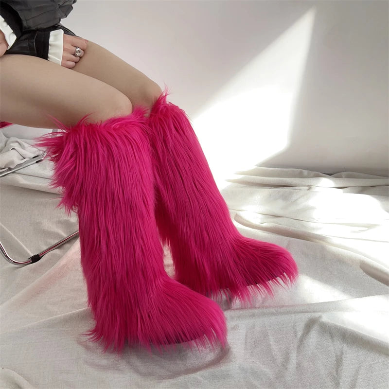 Hot Sale Ins Fashion Long Women Furry Boots Winter Knee Length Keep Warm Ladies Snow Boots