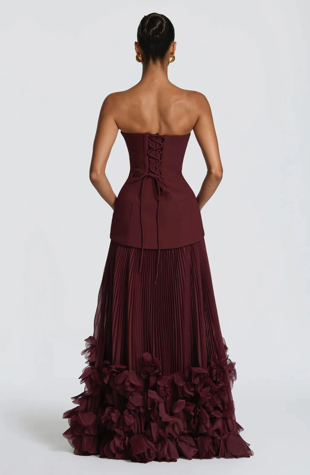 Sexy Lemon Strapless Corset Maxi Gown Sleeveless Corset Pleated Chiffon 3d Floral Hem Flowy Skirt Formal Evening Party Wear