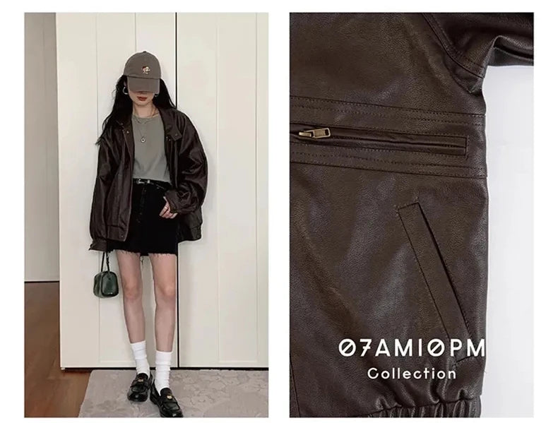 Lautaro Autumn Cool Brown Oversized Leather Jacket Women Drop Shoulder Long Sleeve Zippper High Quality American Retro Clothing
