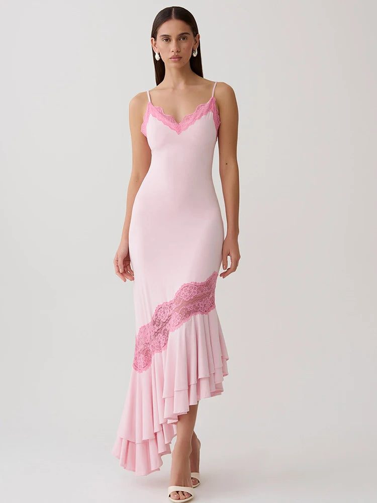 Customized Spaghetti V-neck Sleeveless Mermaid Evening Dresses Patchwork Lace Ruffles Draped Open Back Ankle Length Prom Party