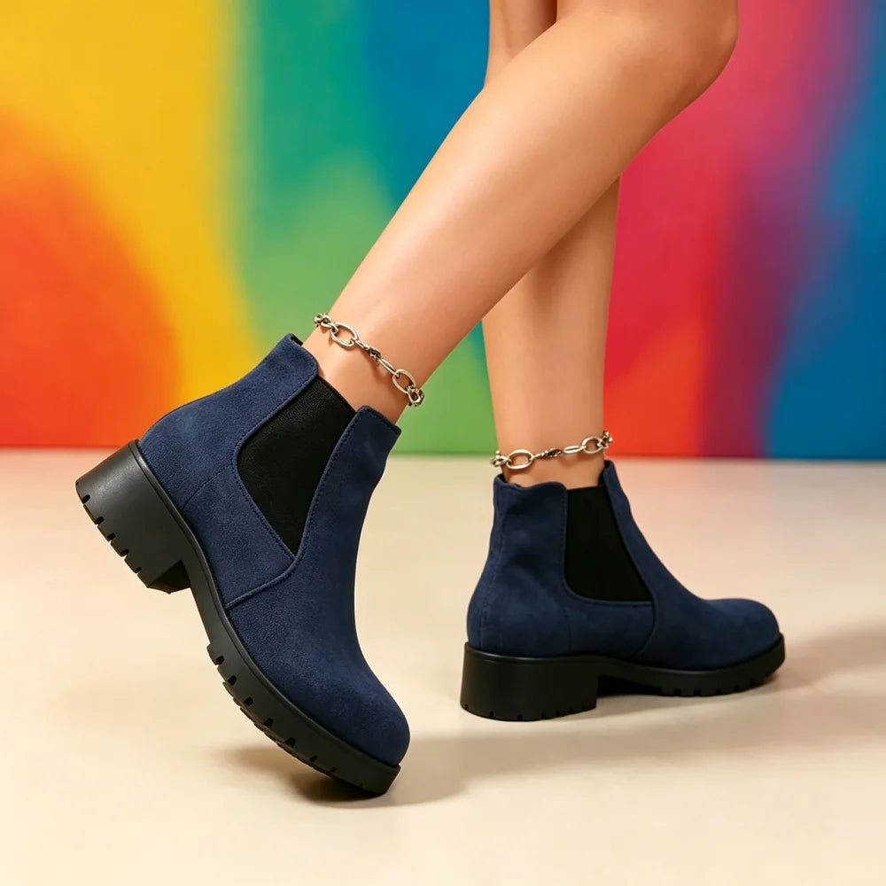 Women Suede Chelsea Boots Thick Sole Elastic Side Non Slip Casual Footwear All Season Daily Wear Comfortable Fit Chunky Design