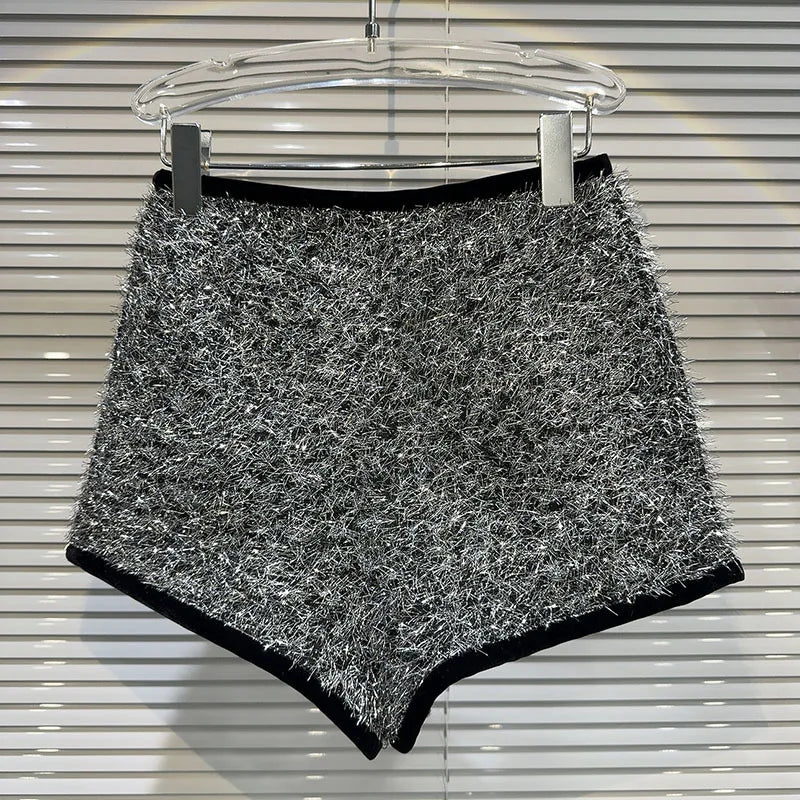 Trendy Women's Solid Color Bright Silk Woolen Shorts 2024 Autumn Fashion New Items High Waist Short Pants Female