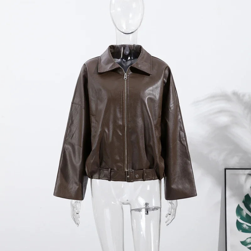Casual Lapel Zipper Waist Belt Short Leather Jacket 2026 Women Loose Solid Pocket Pu Coat Autumn Lady Daily Highstreet Jackets