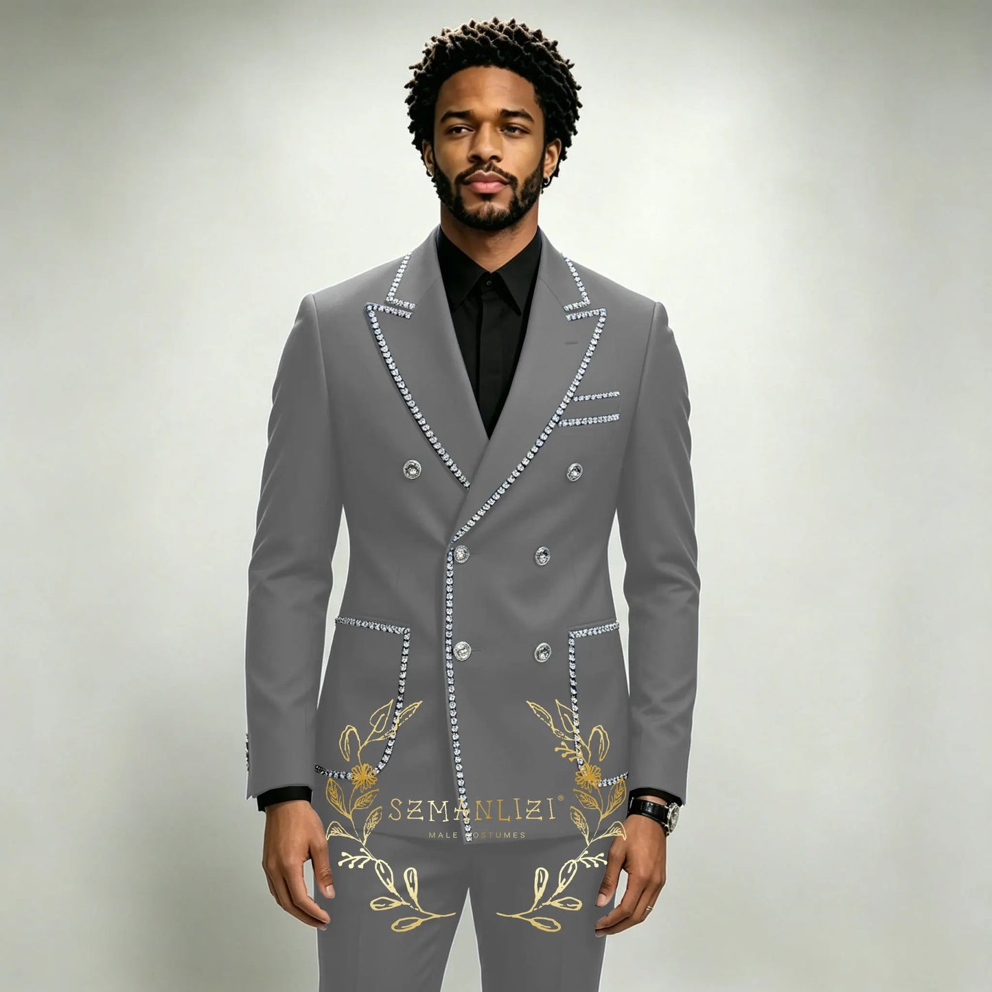Luxury Men's Suits 2 Pieces Royal Blue Crystals Peaked Lapel Double Breasted Groom Wedding Tuxedo Wear Formal Party Prom Suits