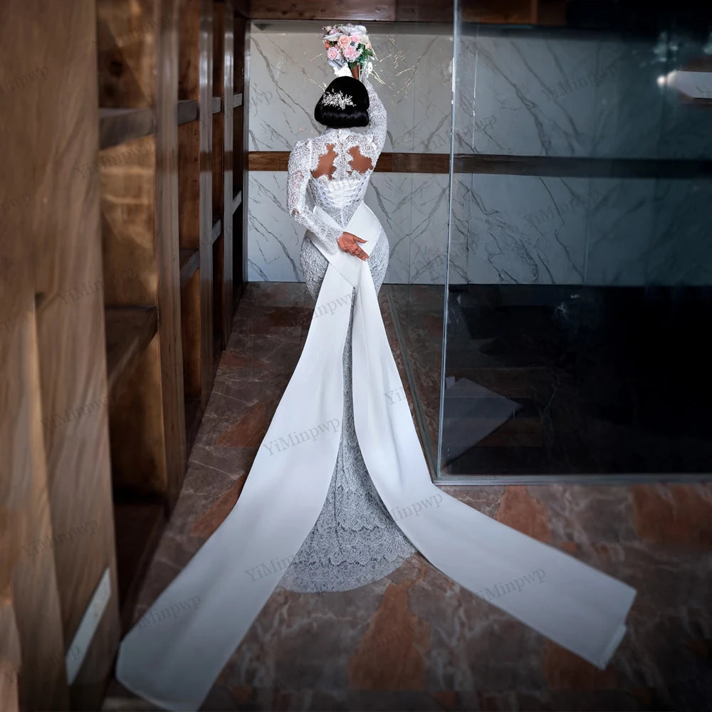 Luxury Mermaid Wedding Dresses for Africa Bride Long Sleeves Sweep Train Lace Pearls Sequined Bridal Reception Gowns Customized