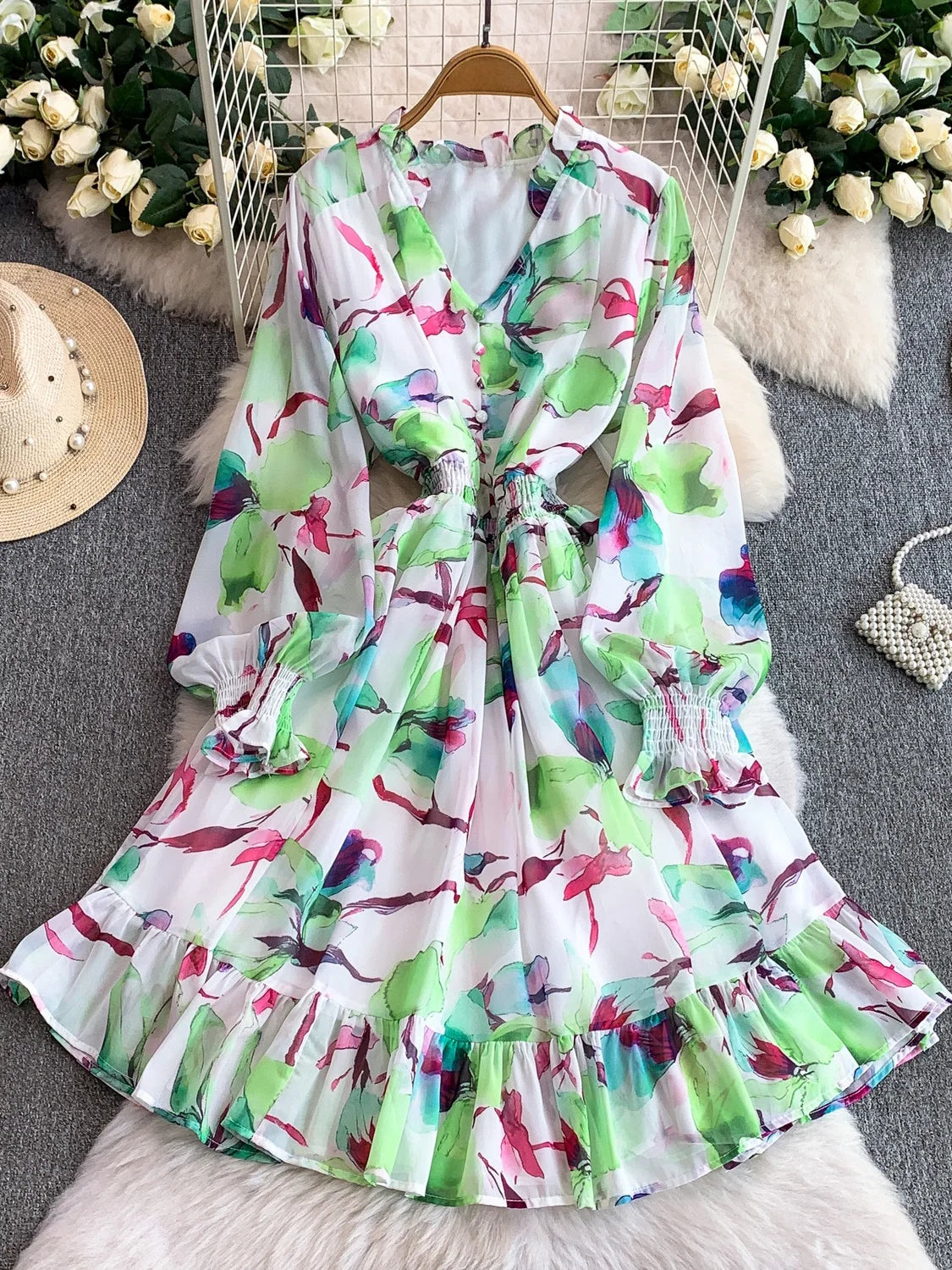 Vaion Sle V-Ne Printed Chiffon Women's Dr Elastic Waist Slimming A-Line Midi Skirt Bell Sve Long Sve Winter D...