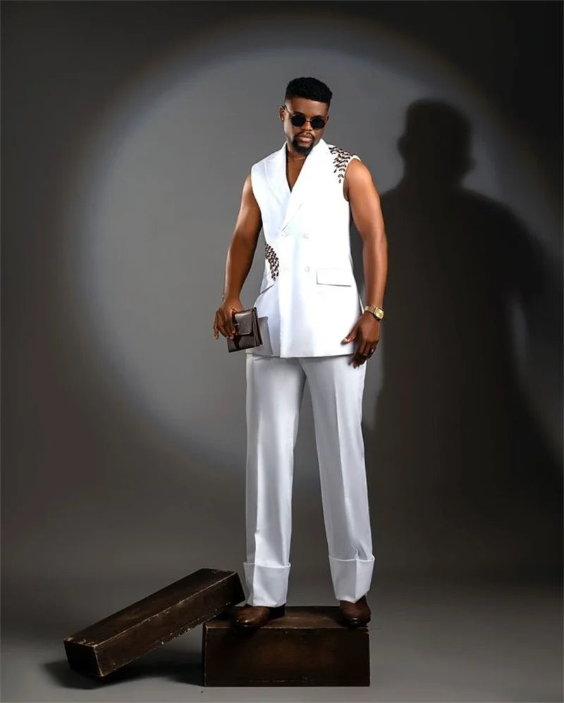 Luxury White Men Suits 2 Piece Beaded Vest+Pant Tulle Wrap Prom Wedding Tuxedos Coat Customized Formal Office Jacket Trousers
