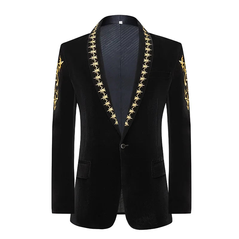 New Men High Quality Golden Velvet Embroidered Suit Slim Fit Jacket Fashion Homme Wedding Prom Party Luxury Dress Blazers