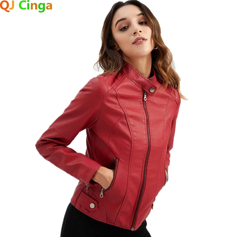 Autumn New Women's Leather Jacket, Fashionable Trim Motorcycle Women PU Coat Black Purple Brown Tops Female Menteau