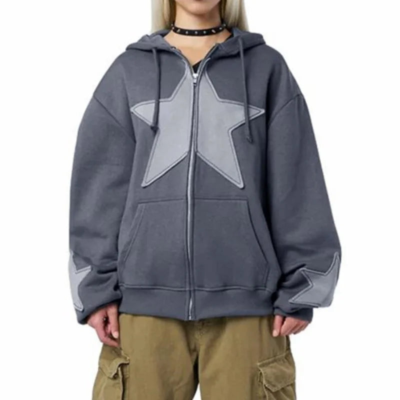 Women's Graphic Hoodie Y2k Zip Up Hoodies Star Patchwork Oversized Sweatshirt with Drawstring Aesthetic Pullover with Hood Shirt