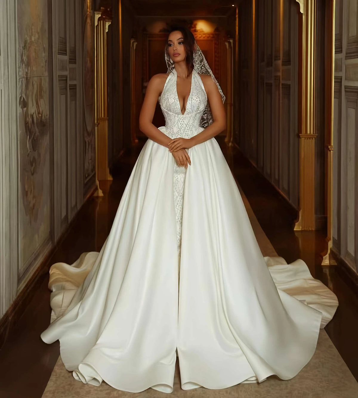 Customized Satin Formal A-Line Sexy V-neck Delicate Wedding Dress Bridal Party Luxury Sequined High Quality Bridal Gowns