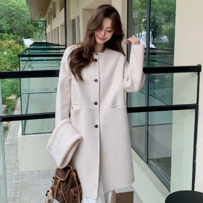 Autumn and winter hot fashion round neck scarves, medium to long styles, small women's double-sided wool coats with temperament,