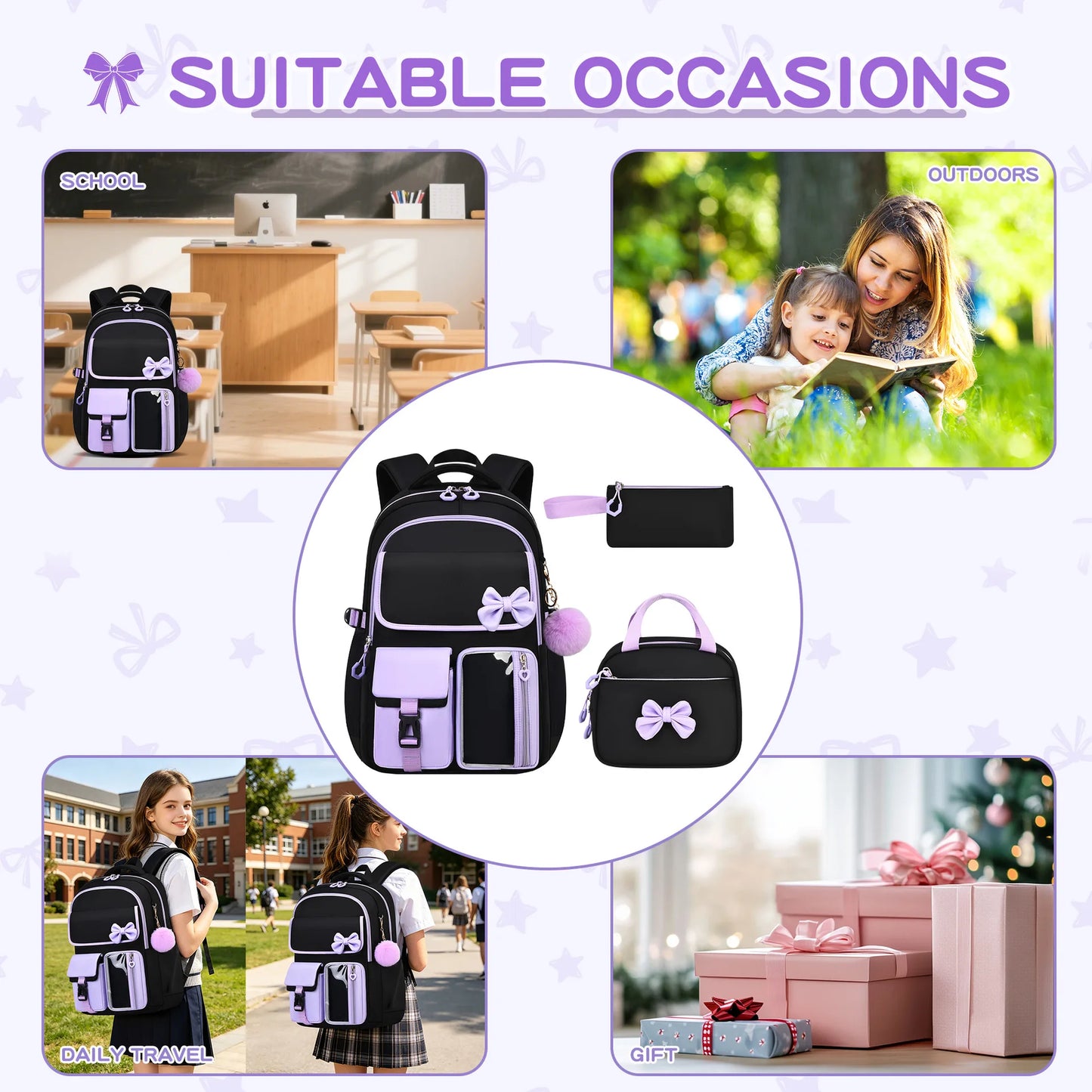 Three-piece Purple School Bag Set Casual with Pen Bag Students Schoolbag Durable with Lunch Bag Large Capacity bow Backpack book