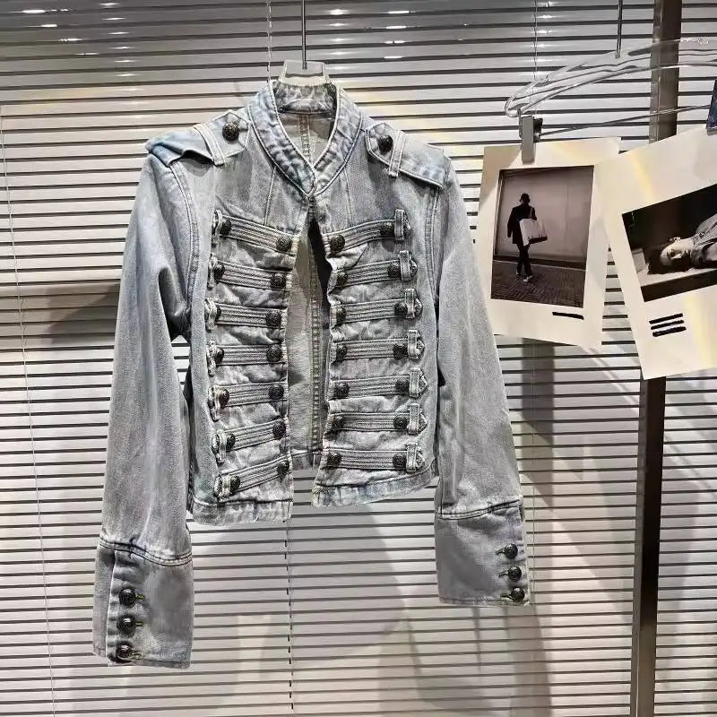 DEAT 2026 Autumn New Fashion Metal Buckle Design Shoulder Strap Denim Short Jacket For Women High Street Coat Female 11A06995