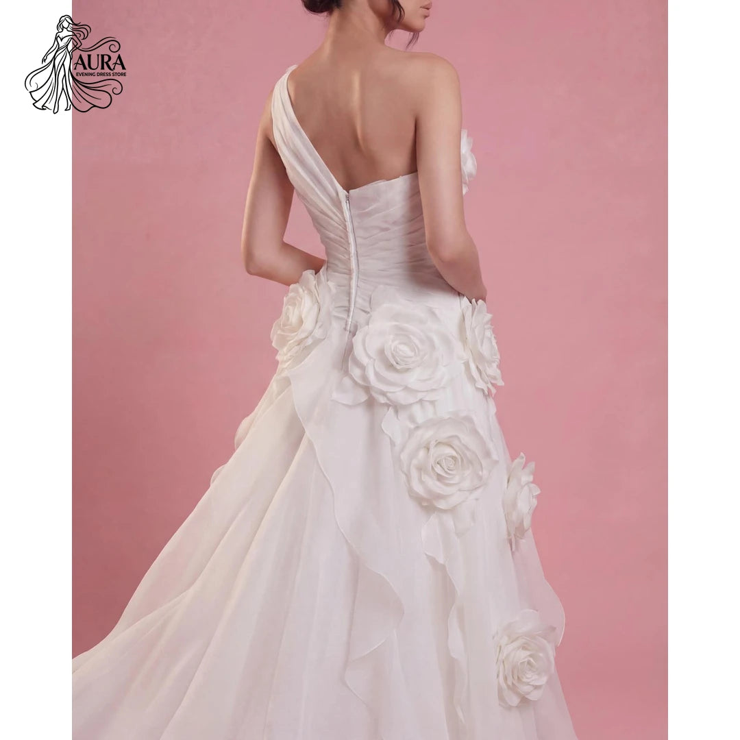 Aura Wedding Evening Dress White Chiffon Slit Luxury Elegant Party Dresses for Wedding Woman Customized Line A 3D Flowers Prom