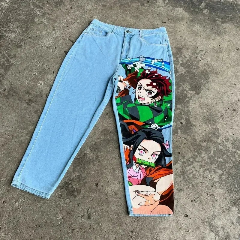 New Y2K Japanese Anime Cartoon Printing Men Loose Trend Jeans Street High Waist Women Pants Hip Hop Harajuku Men's Clothing