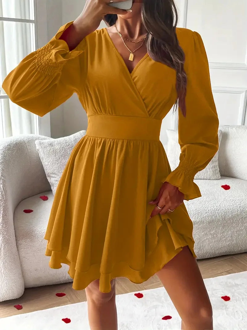 Dresses 2025 Woman Clothing V Neck Lantern Sleeve Wrap Mini Dress Ruched High Waist Elegant For Autumn Party Dress Vestidos