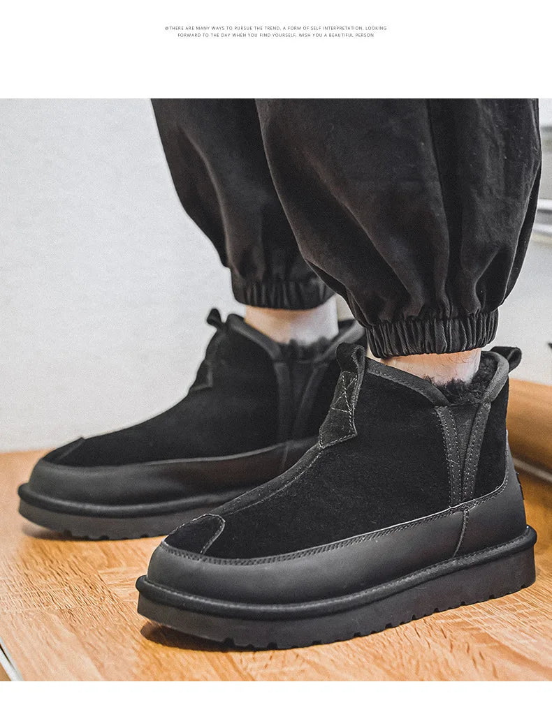 Women's Thick Bottom Mid-Calf Snow Boots Fur Lined Warm Synthetic Leather Rubber Sole Winter Shoes Two-Way Wear Korean Style