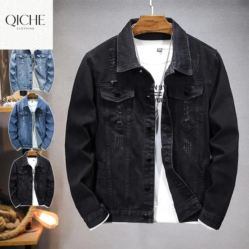 QICHE New Spring Autumn Men Light Blue Slim Denim Jacket Distressed Ripped Casual Outerwear
