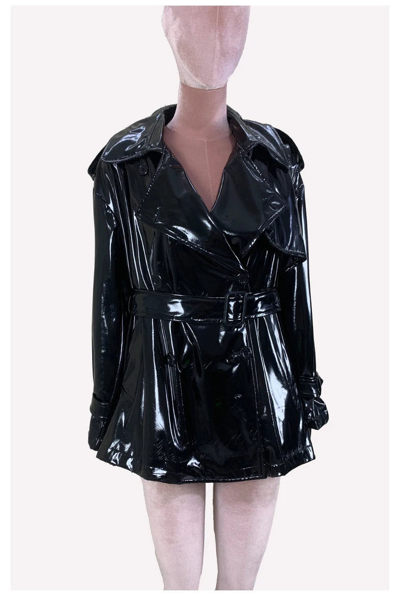 Nerazzurri Spring Autumn Oversized Thin Shiny Reflective Patent Leather Trench Coat for Women Double Breasted European Fashion