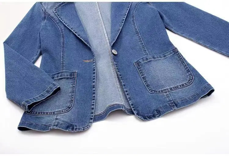 Spring Autumn New One Button Design Denim Jacket For Women Slimming Fit Suit Collar Solid Color Cardigan Blue Cowboy Outer Wear