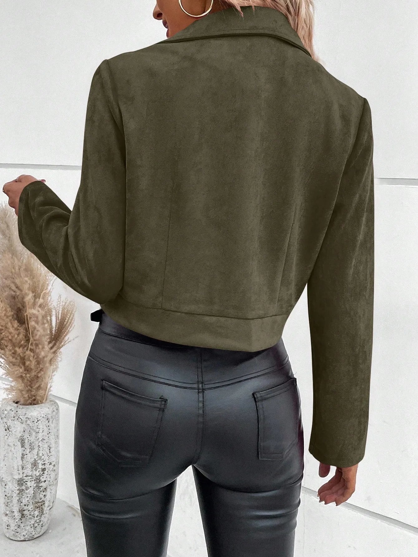 Women's Suede Faux Leather Jacket Autumn Zip-Up Moto Short Coat Lapel Collar Slim Fit Winter Outer Streetwear Casual Wear