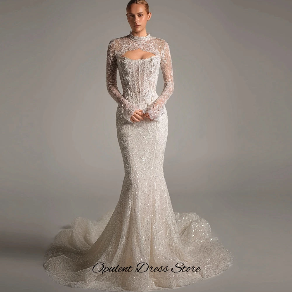 Luxury Appliques Lace Customized Vestido De Novia Classic Long Sleeves High Collar Wedding Dress Mermaid Backless Bridal Gowns