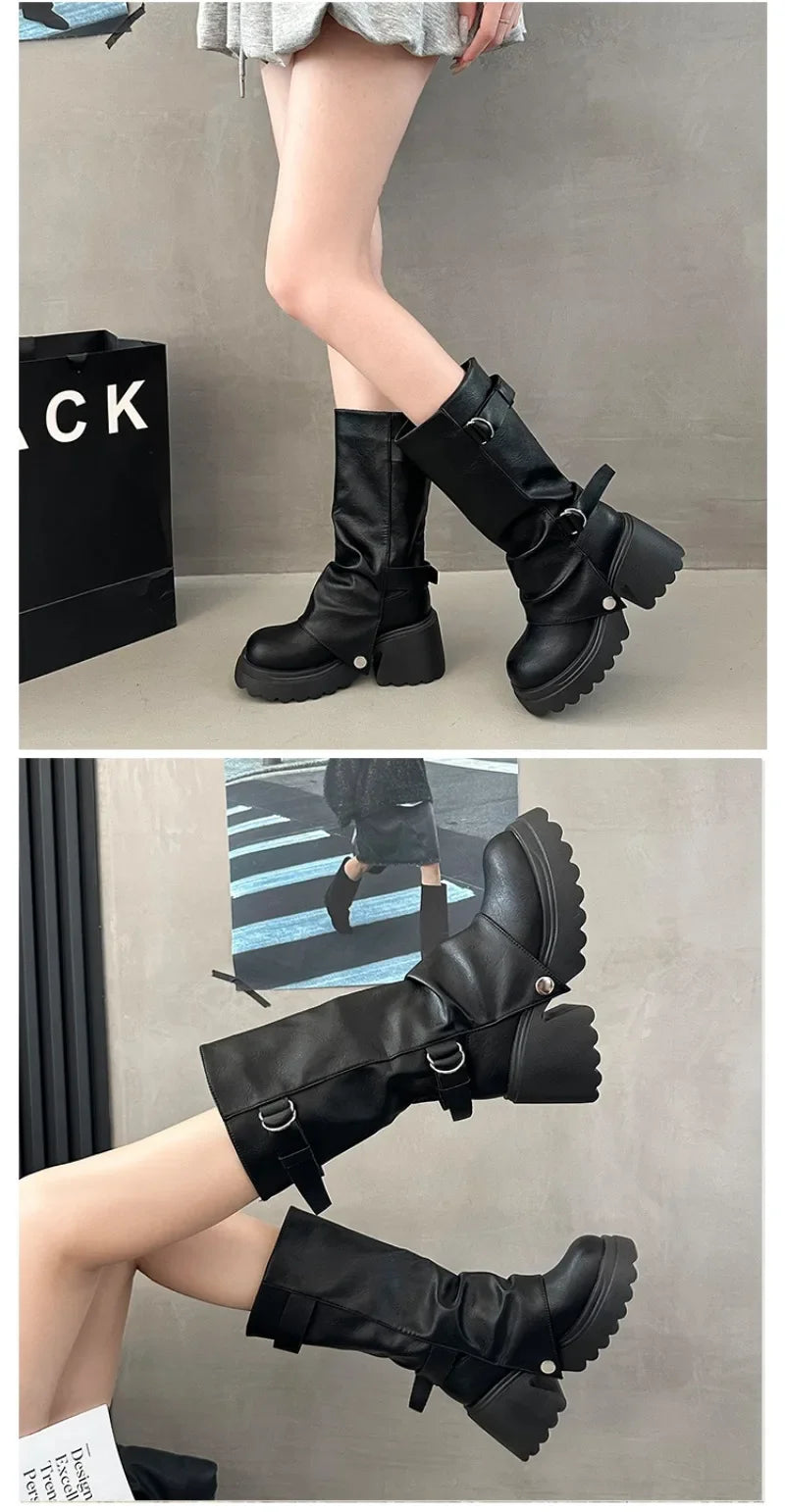 Shang Shi Black Thick High-heeled Thick Soled Boots for Women, 2026 New Winter Versatile Women's Zipper Slimming Pants Leg Boots